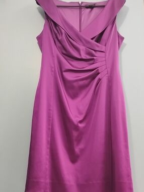 Tahari Sleeveless Satin Midi Dress in Magenta with Draped Bodice Size 10